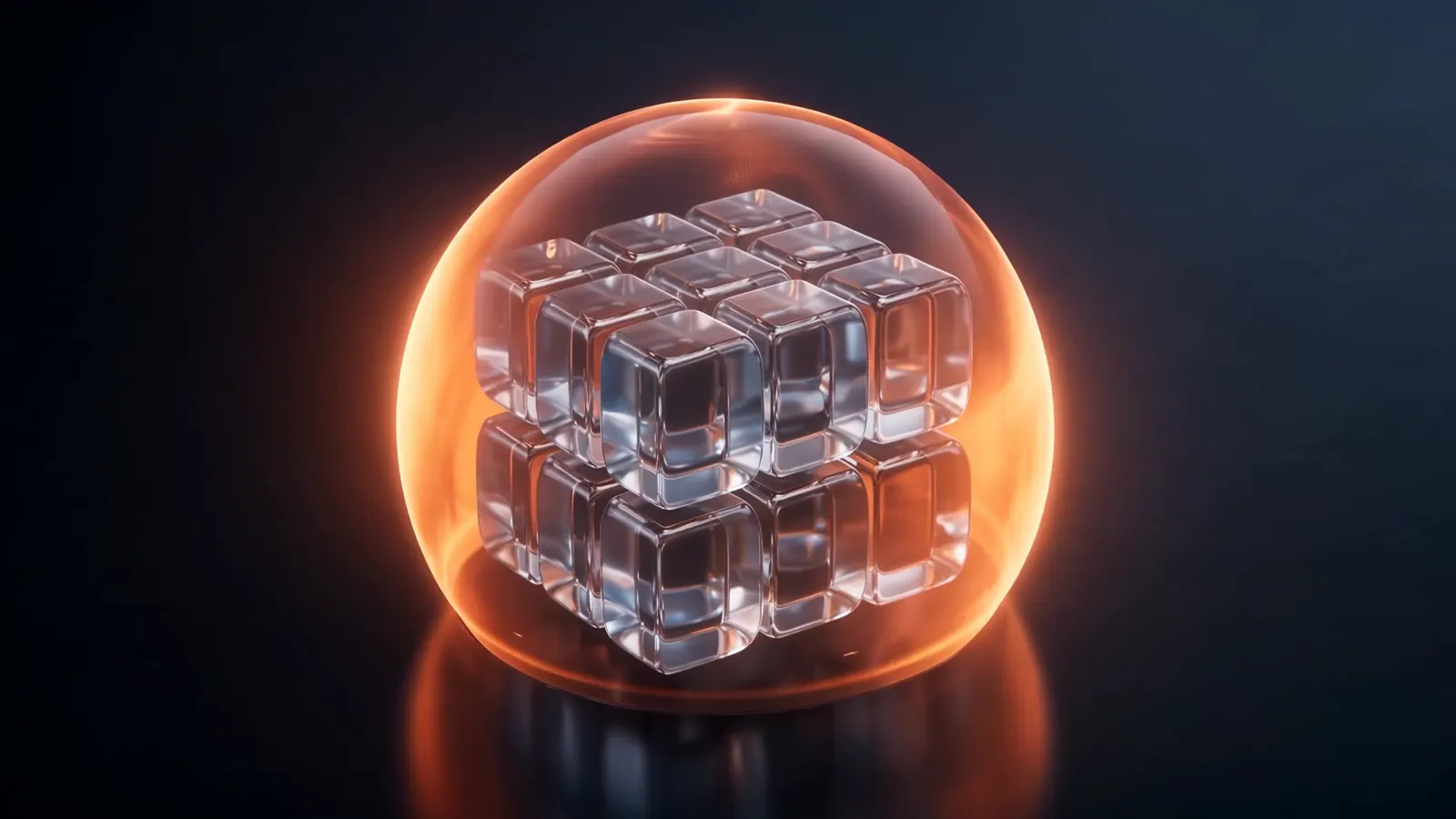 Abstract render of an app made of floating glass blocks inside a translucent orange shield dome