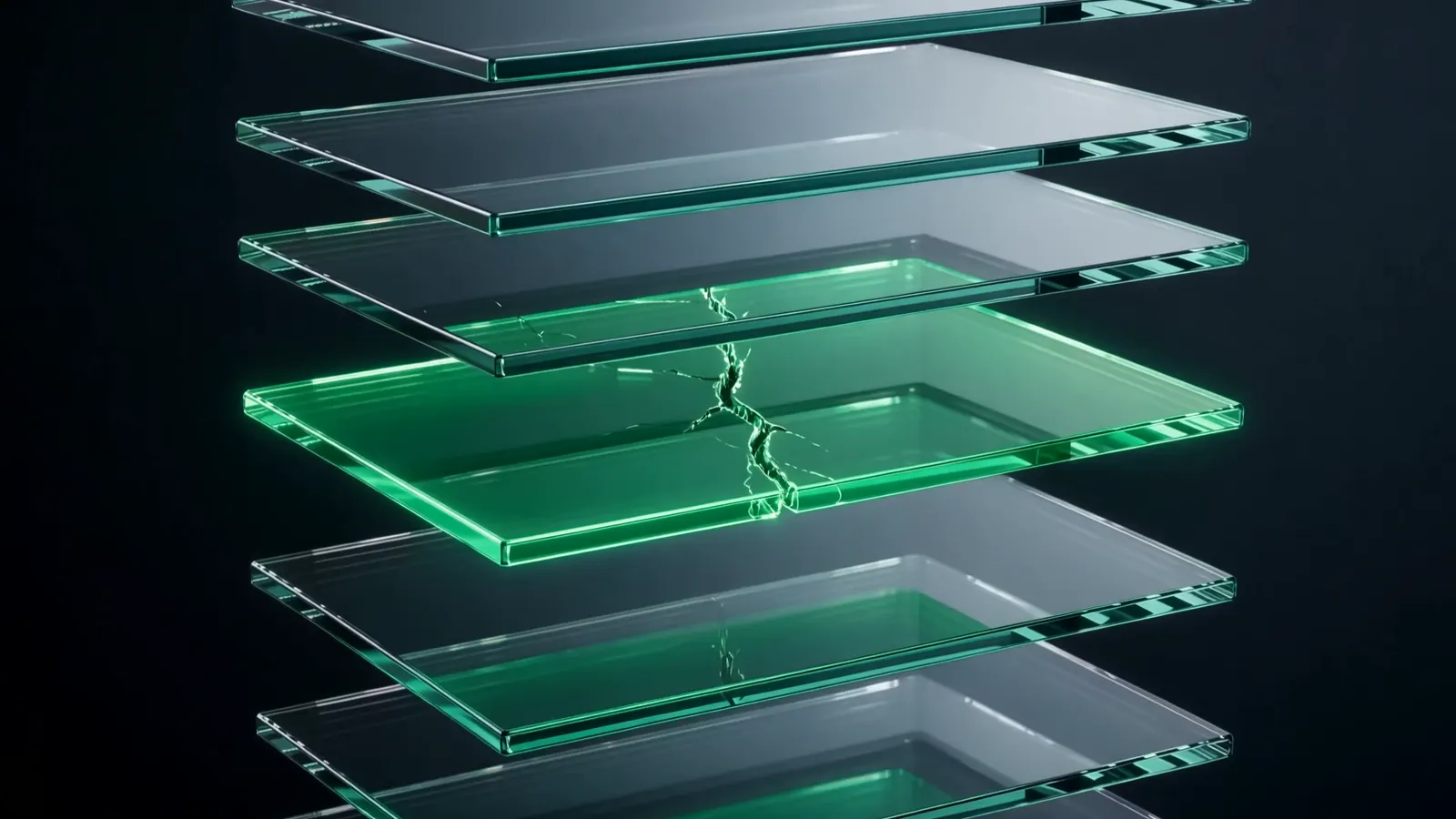 Abstract render of a stack of thin glass layers where one repaired layer glows green