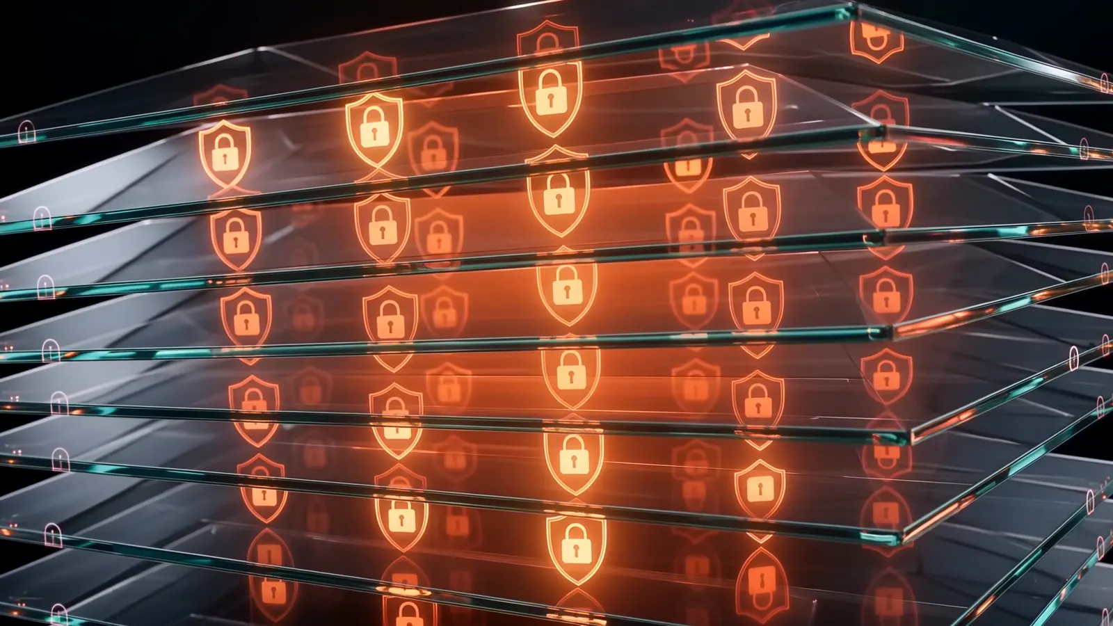 Abstract render of a database as stacked glass rows, each covered by a glowing orange shield layer